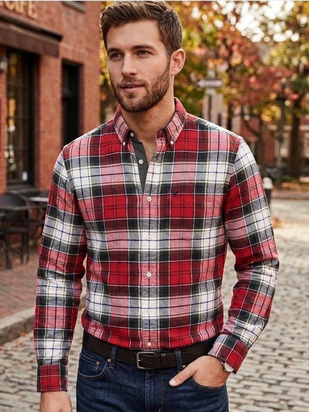 American Eagle Men's Red & Green Plaid Long-Sleeve Button-Down Shirt Size Medium